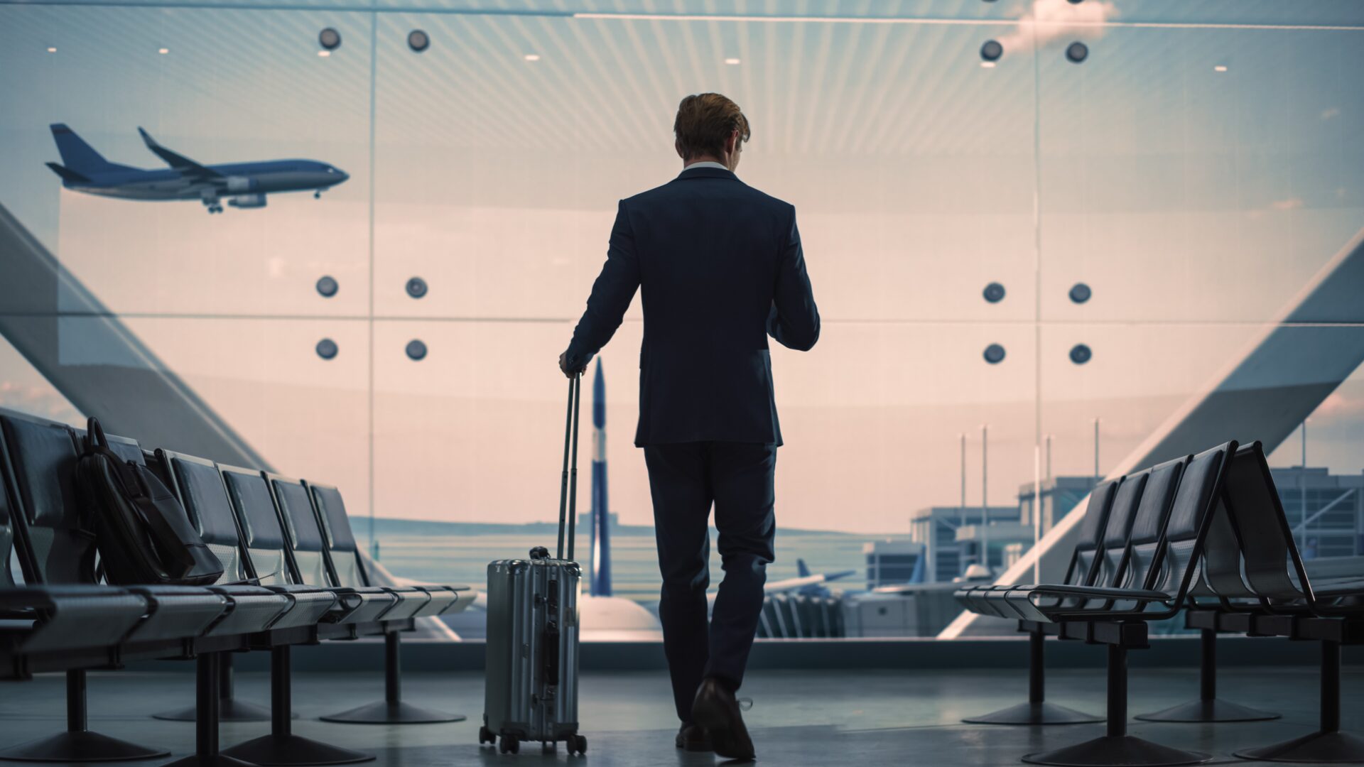 Airport,Terminal:,Businessman,With,Rolling,Suitcase,Walks,,Uses,Smartphone,App